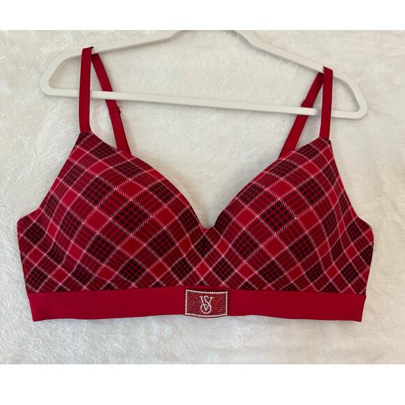 Victoria's Secret Red Plaid Shine Patch Demi Bra 38D Rhinestone Logo - Picture 1 of 7